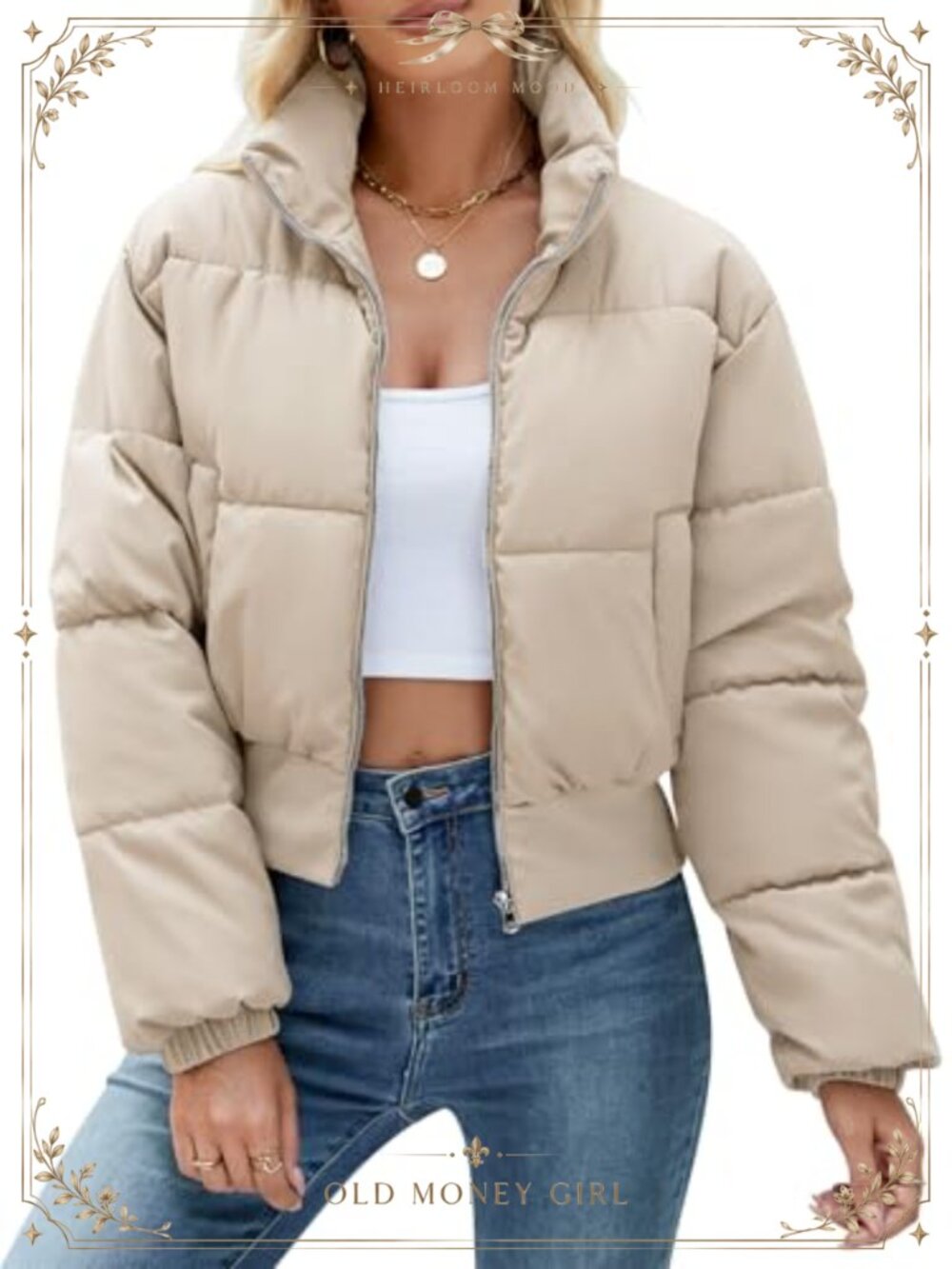 Cropped Puffer Jacket Long Sleeve Quilted Winter Coat with Pockets